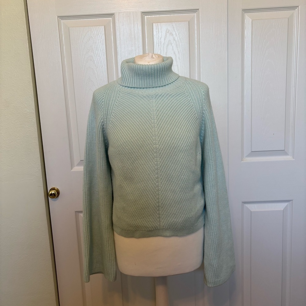Anthropologie Maeve Rib Knit Bell Sleeve Turtleneck Sweater Aqua Mint Size Large